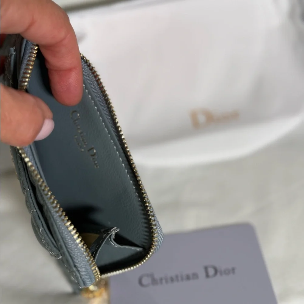 Dior Caro Zipped Card Holder Steel-Blue Calfskin